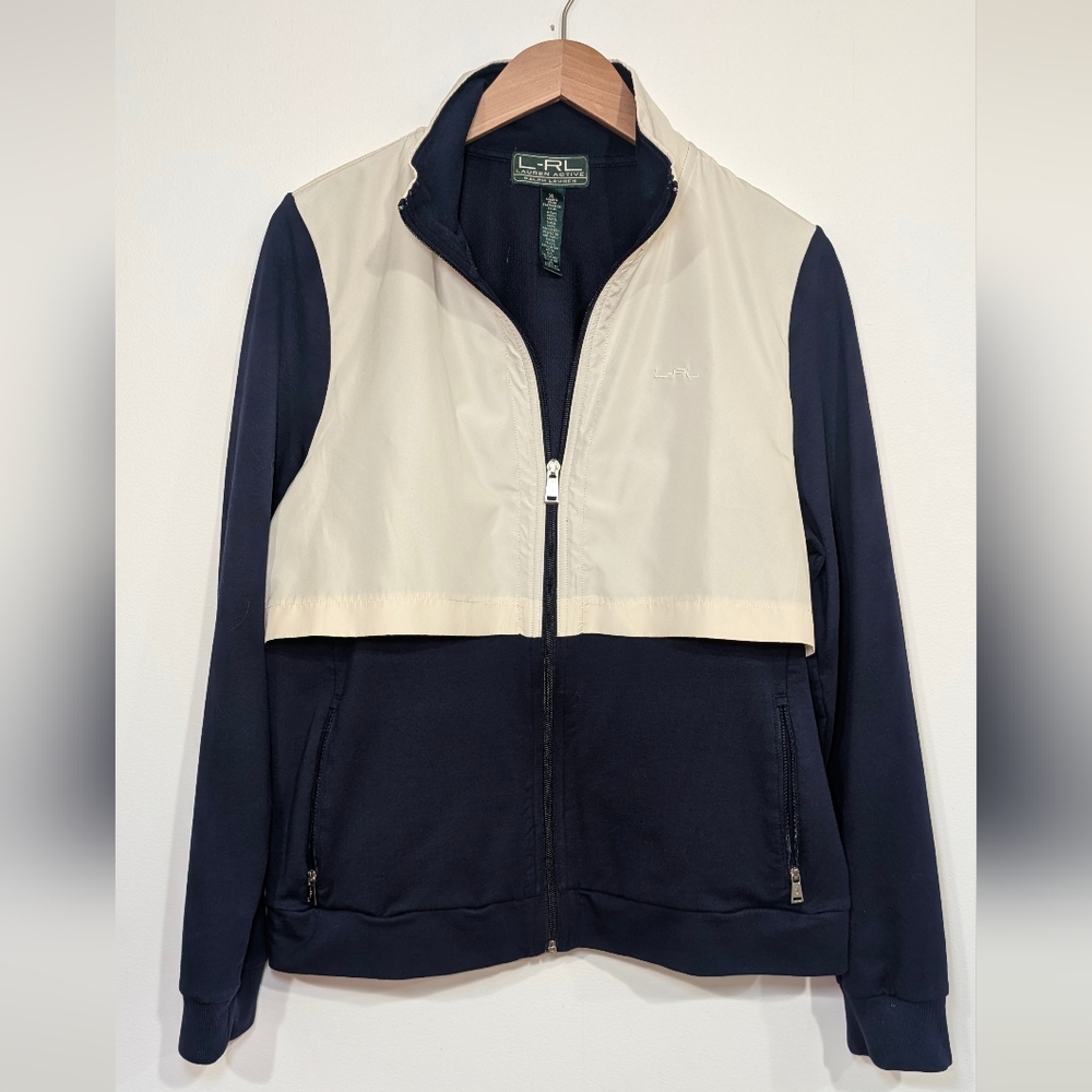 Ralph Lauren Women's XL Active Jacket Navy Cream Full Zip Sporty Athletic Preppy